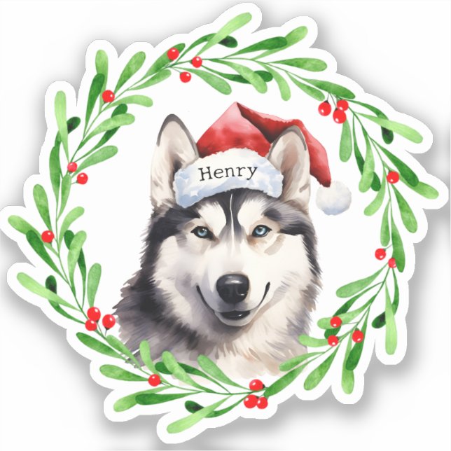 Christmas Dog Siberian Husky Santa Hat Holiday Sticker (Front)