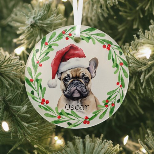 Christmas Dog Tan Frenchie French Bulldog Pet Glass Ornament