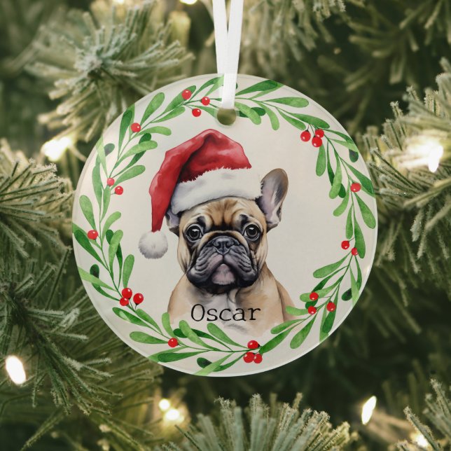 Christmas Dog Tan Frenchie French Bulldog Pet Glass Ornament (Insitu)