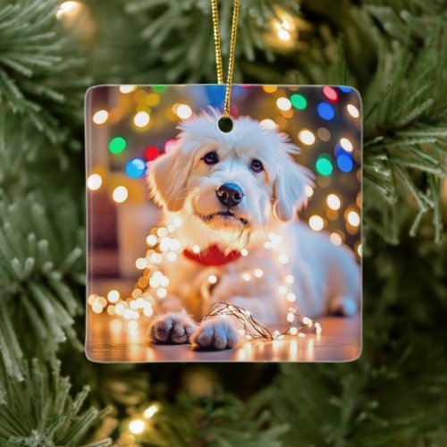 Christmas Dog Tangled In Lights Ceramic Ornament