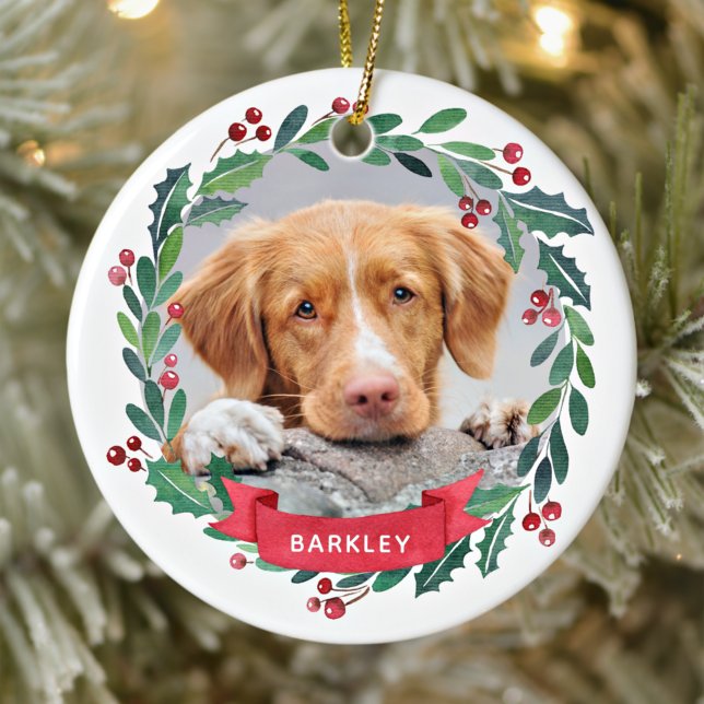Christmas Dog Watercolor Wreath Personalized Photo Ceramic Ornament (Creator Uploaded)