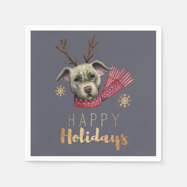 Christmas Dog with Antlers, Happy Holidays Napkins (Front)