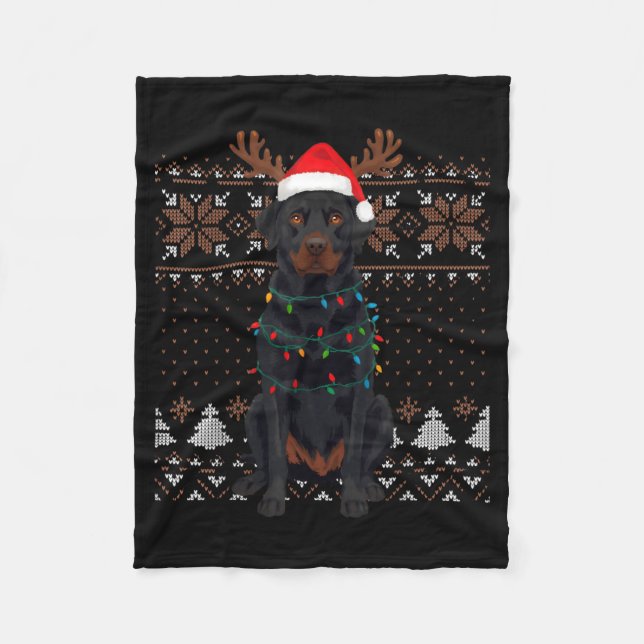 Christmas Dog With Hat And Lights - Funny Holiday  Fleece Blanket (Front)