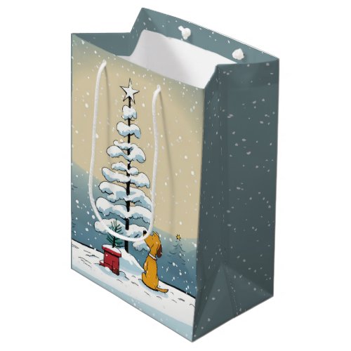 Christmas Dog With Holiday Tree In Snowflakes Medium Gift Bag
