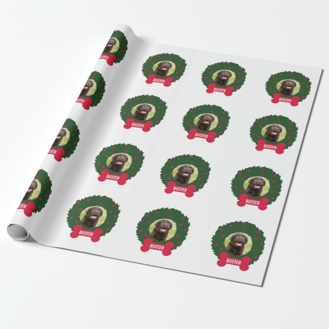 Christmas Dog Wreath with Dog's Photo Name Custom Wrapping Paper (Unrolled)
