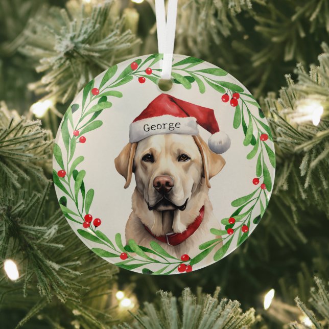 Christmas Dog Yellow Lab Labrador Retriever Santa Glass Ornament (Insitu)