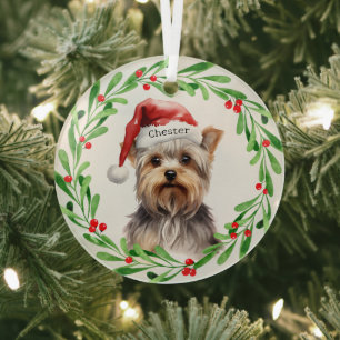 Christmas Dog Yorkie Yorkshire Terrier Holidays Glass Ornament