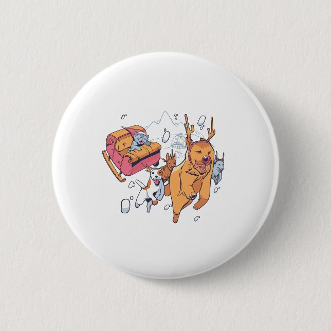 Christmas Dogs and Cat Sled Button (Front)