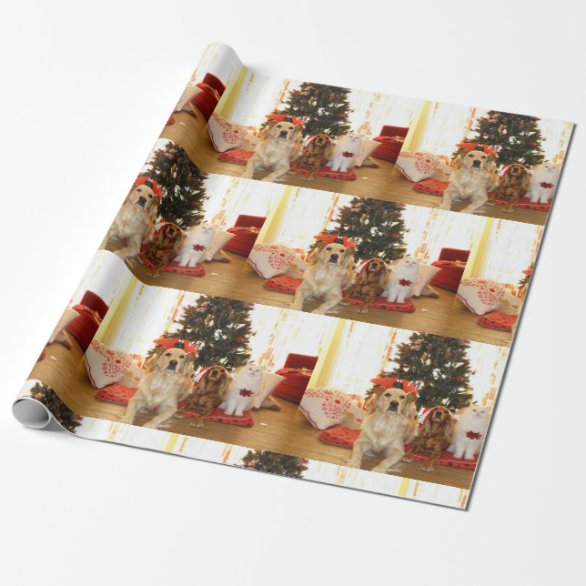 Christmas Dogs And Cat Wrapping Paper (Unrolled)