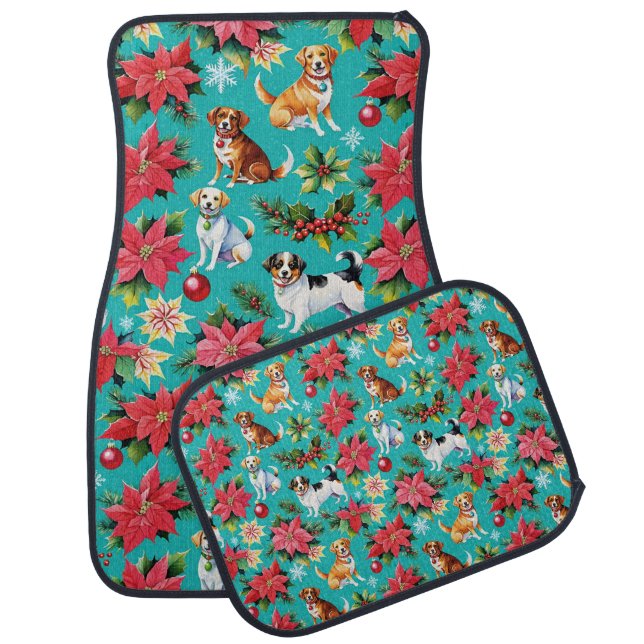 Christmas Dogs and Holly Holiday Festive Car Floor Mat (Set)