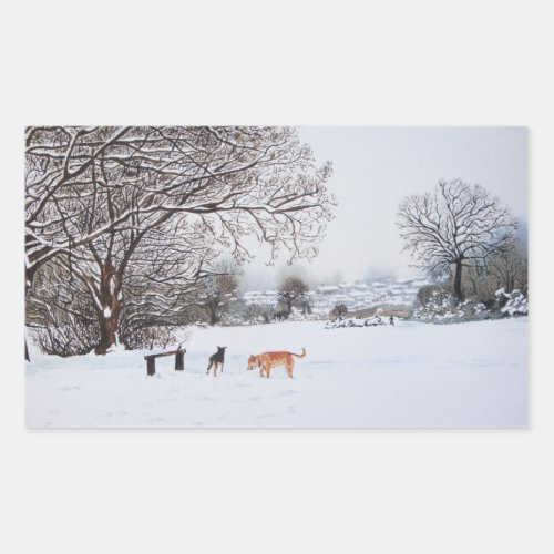christmas dogs atmospheric landscape snow scene rectangular sticker