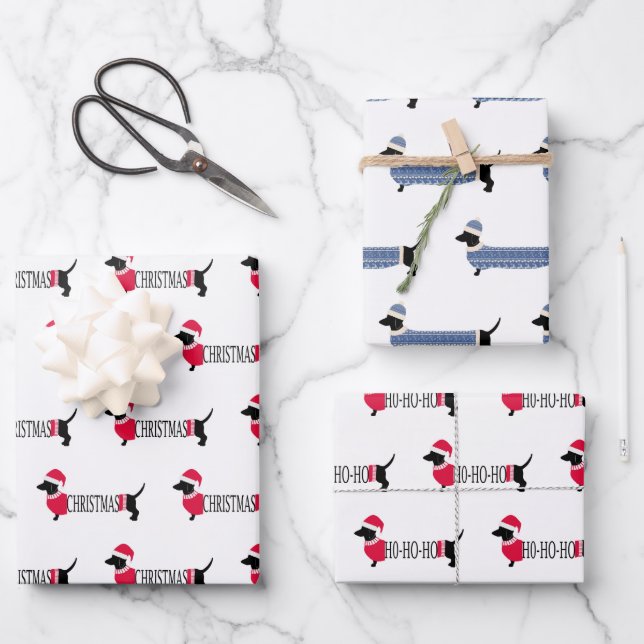 Christmas Dogs Cute Graphic Dachshunds 3-piece Fun Wrapping Paper Sheets (Front)