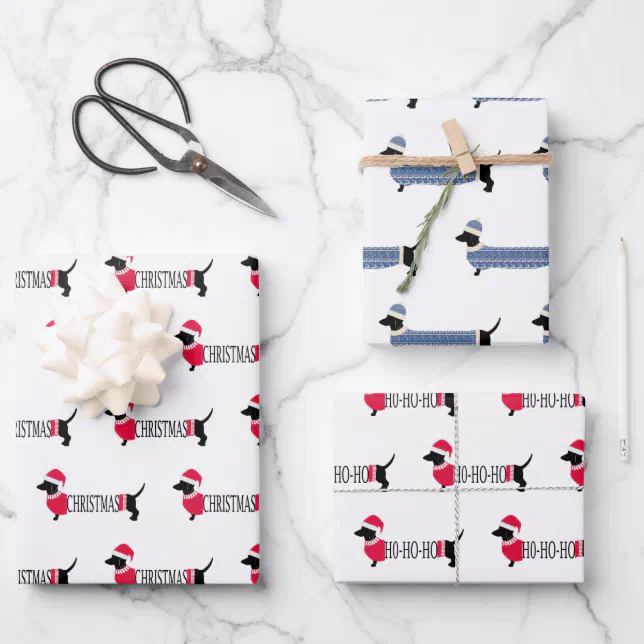 Christmas Dogs Cute Graphic Dachshunds 3piece Fun Wrapping Paper