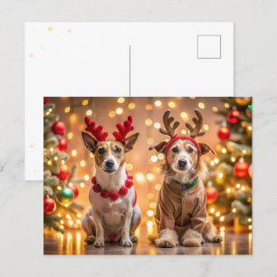 Christmas dogs dressed as reindeer holiday postcard
