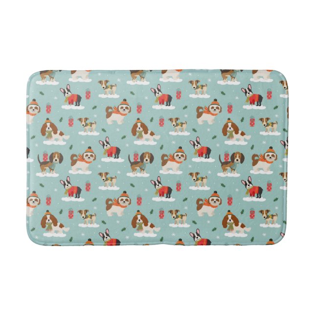 Christmas Dogs in Cozy Scarves Pattern Bath Mat (Front)