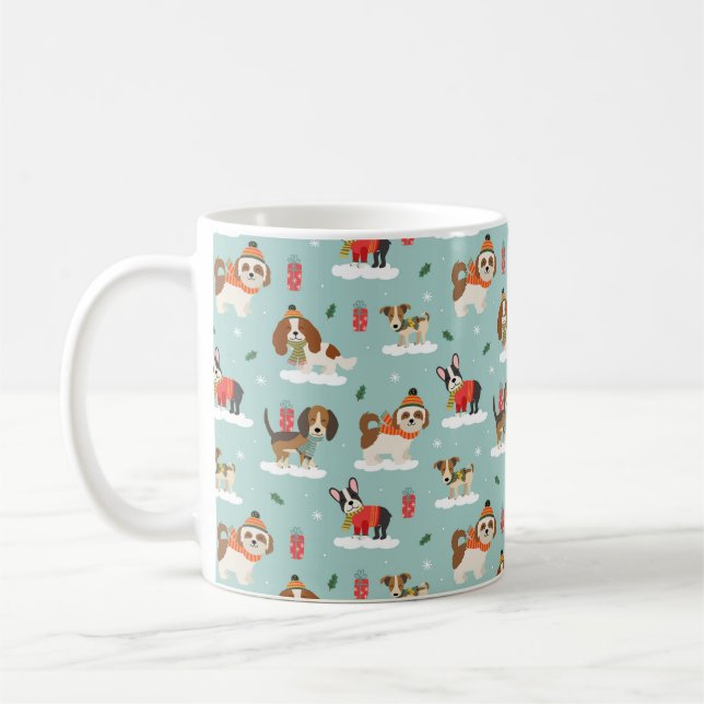 Christmas Dogs in Cozy Scarves Pattern Coffee Mug (Left)