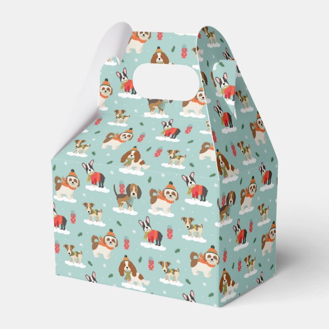 Christmas Dogs in Cozy Scarves Pattern Favor Boxes (Front Side)