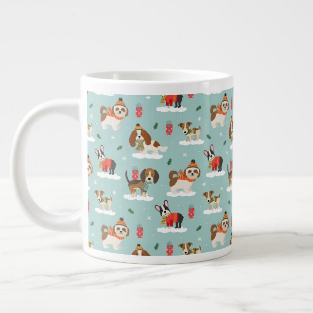 Christmas Dogs in Cozy Scarves Pattern Giant Coffee Mug (Left)
