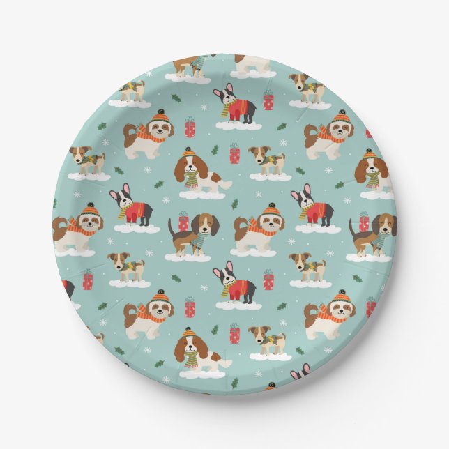 Christmas Dogs in Cozy Scarves Pattern Paper Plates (Front)