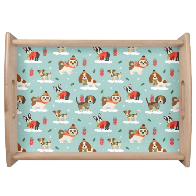 Christmas Dogs in Cozy Scarves Pattern Serving Tray (Front)