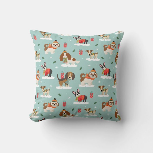 Christmas Dogs in Cozy Scarves Pattern Throw Pillow (Front)