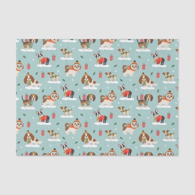 Christmas Dogs in Cozy Scarves Pattern Tissue Paper (Front)