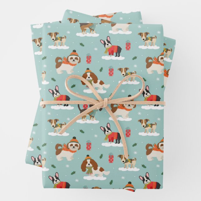 Christmas Dogs in Cozy Scarves Pattern Wrapping Paper Sheets (In situ)