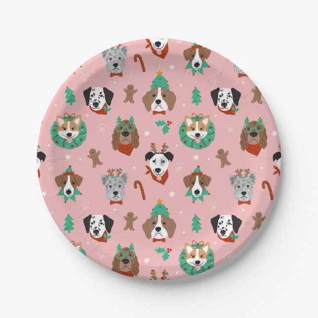 Christmas Dogs in Holiday Accessories Pattern Paper Plates (Front)