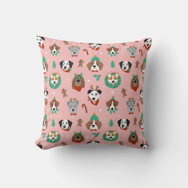 Christmas Dogs in Holiday Accessories Pattern Throw Pillow (Front)