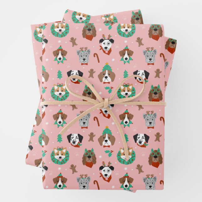 Christmas Dogs in Holiday Accessories Pattern Wrapping Paper Sheets (In situ)
