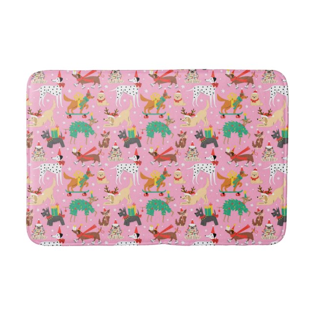 Christmas Dogs in Holiday Outfits Pattern Bath Mat (Front)