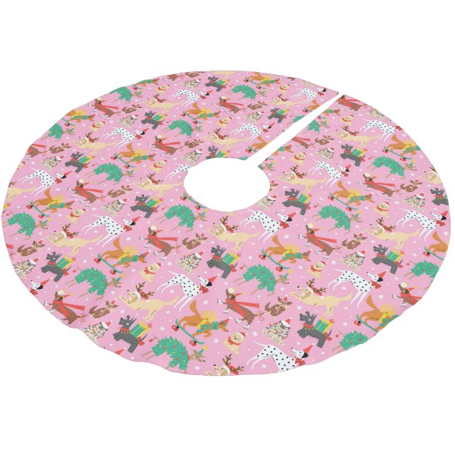 Christmas Dogs in Holiday Outfits Pattern Brushed Polyester Tree Skirt (Angled)