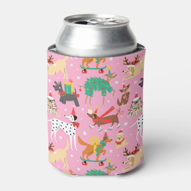 Christmas Dogs in Holiday Outfits Pattern Can Cooler (Can Front)