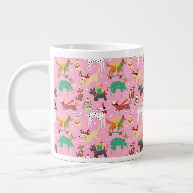Christmas Dogs in Holiday Outfits Pattern Giant Coffee Mug (Left)