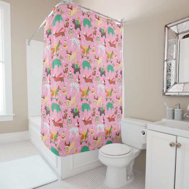 Christmas Dogs in Holiday Outfits Pattern Shower Curtain (In Situ)