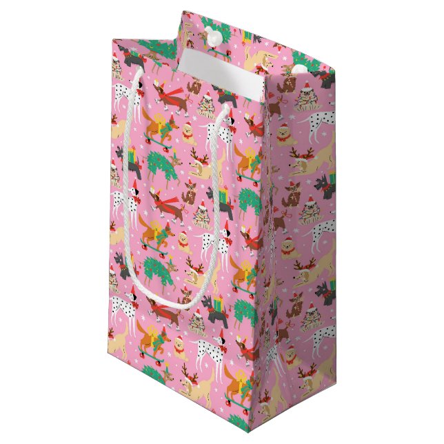 Christmas Dogs in Holiday Outfits Pattern Small Gift Bag (Front Angled)