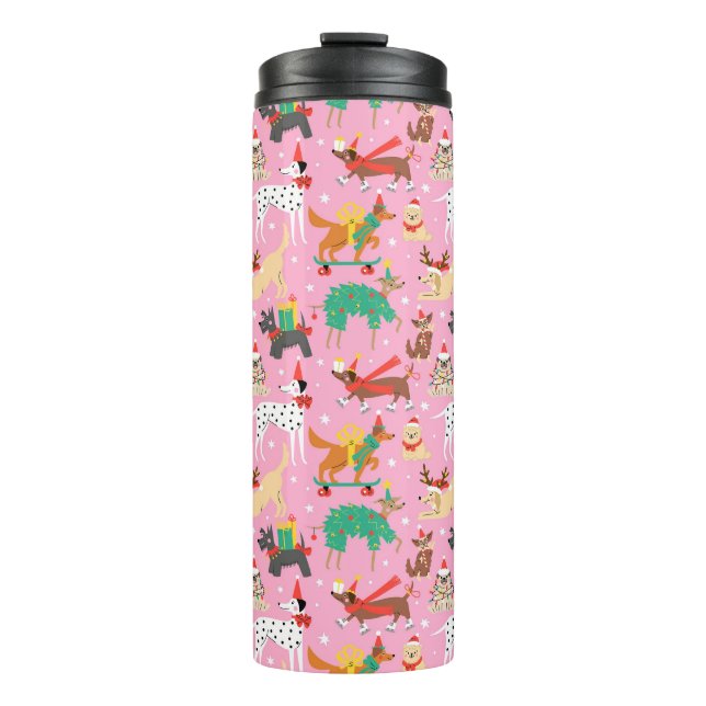 Christmas Dogs in Holiday Outfits Pattern Thermal Tumbler (Front)