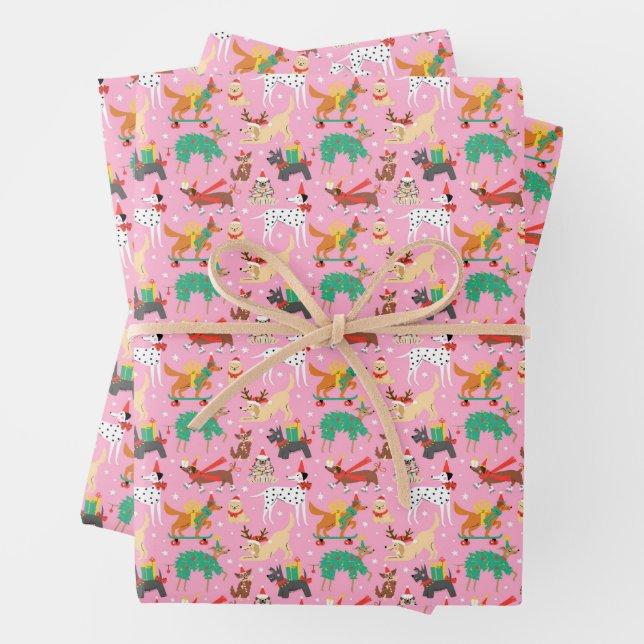 Christmas Dogs in Holiday Outfits Pattern Wrapping Paper Sheets (In situ)