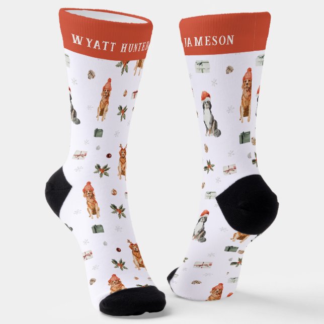 Christmas Dogs Monogram Holiday Socks (Angled)