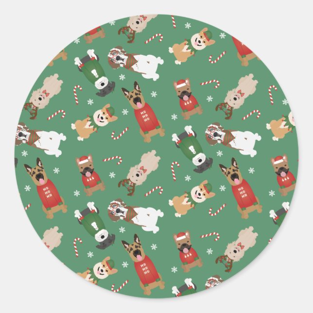 Christmas Dogs Pattern Red Green Classic Round Sticker (Front)
