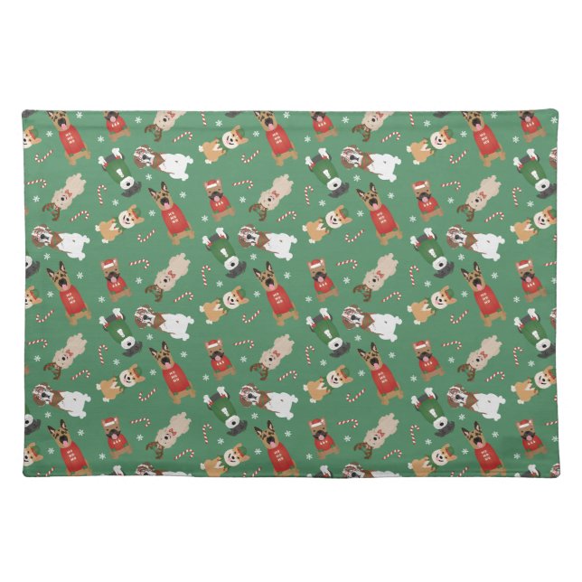 Christmas Dogs Pattern Red Green Cloth Placemat (Front)