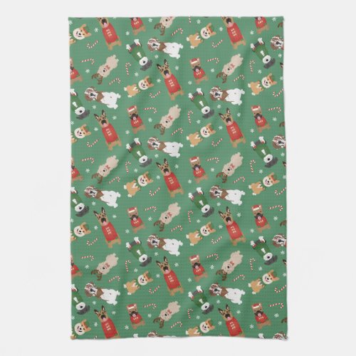 Christmas Dogs Pattern Red Green Kitchen Towel