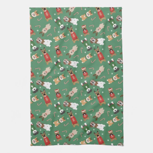 Christmas Dogs Pattern Red Green Kitchen Towel (Vertical)