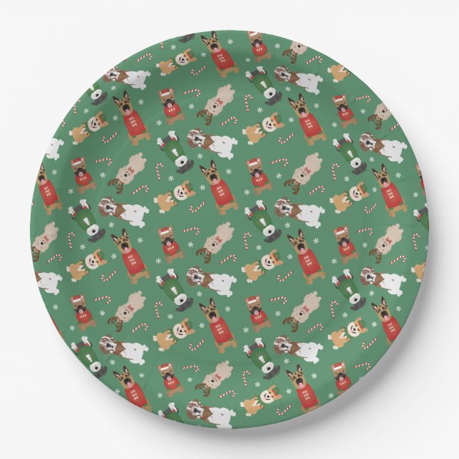 Christmas Dogs Pattern Red Green Paper Plates (Front)