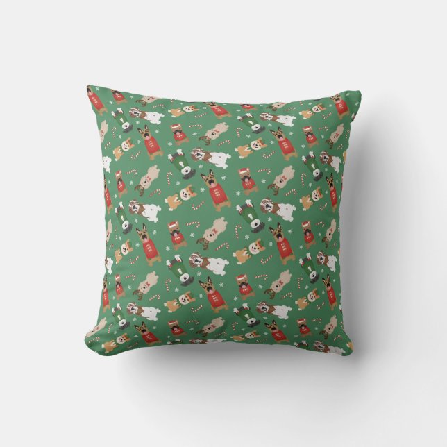 Christmas Dogs Pattern Red Green Throw Pillow (Front)