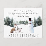 Christmas dogs waiting for a stick from a snowman postcard<br><div class="desc">A cute and funny merry christmas postcard. On a white background,  the text reads After waiting so patiently,  the dogs wondered when he would finally throw the sticks,  followed by Merry Christmas. Two confused boxer dogs look longingly at a snowman waiting for him to play.</div>