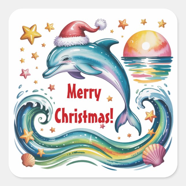 Christmas Dolphin in Paradise  Square Sticker (Front)