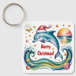 Christmas Dolphin in Tropical Paradise Keychain