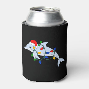Christmas Dolphin Santa Hat Xmas Lights Ocean Can Cooler