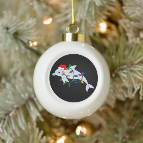 Christmas Dolphin Santa Hat Xmas Lights Ocean Ceramic Ball Christmas Ornament